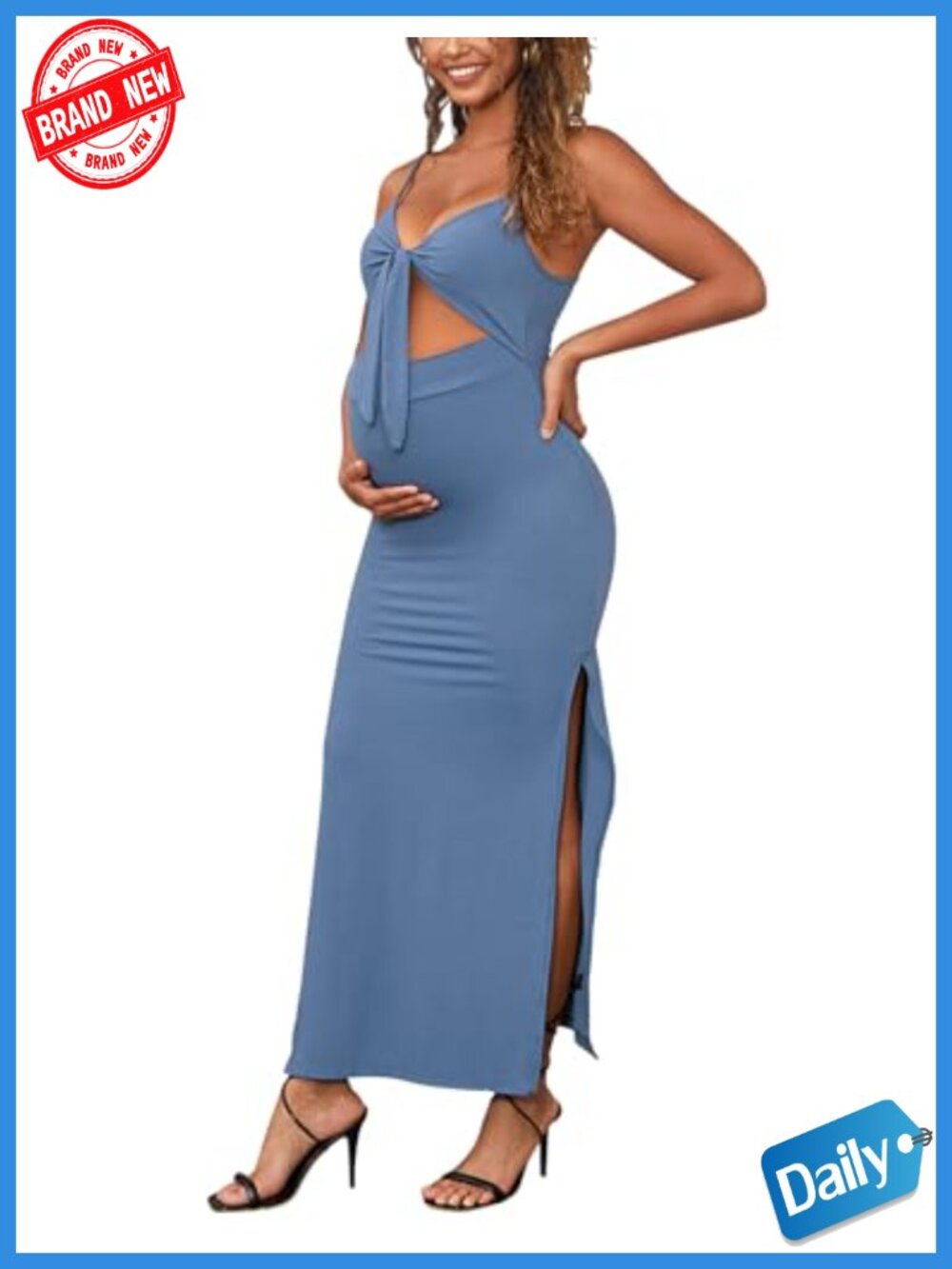 Maternity Bodycon Dress Spaghetti Straps Side Slit Ribbed Baby Shower Photoshoot